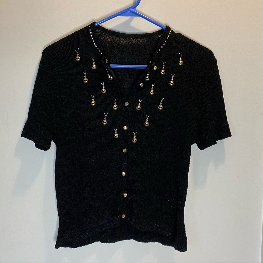 Vintage Black Short Sleeve 100% Rayon Frill, Fashion by Rosanna Knitted Sportswa